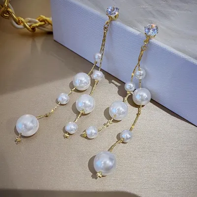 White Pearl Long Tassel Dangle Drop Earrings